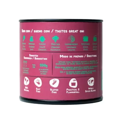 Lata bordeaux com texto branco e turquesa e tampa preta