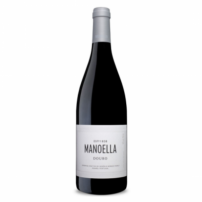 Garrafa de vinho tinto Manoella Douro com rótulo branco e cápsula cinzenta