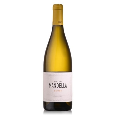 Garrafa de vinho branco Manoella Douro com rótulo branco e tampa amarelo-laranja