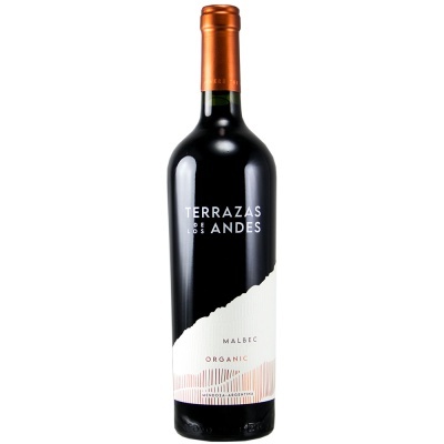 Garrafa de vinho Terrazas de los Andes Malbec Organic com rótulo preto e branco e tampa laranja