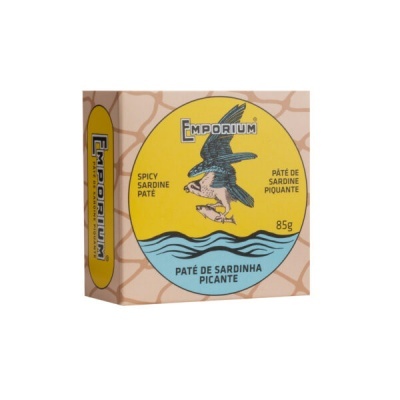 Caixa de paté de sardinha picante Emporium 85g com ilustração de pássaro amarelo azul e bege.