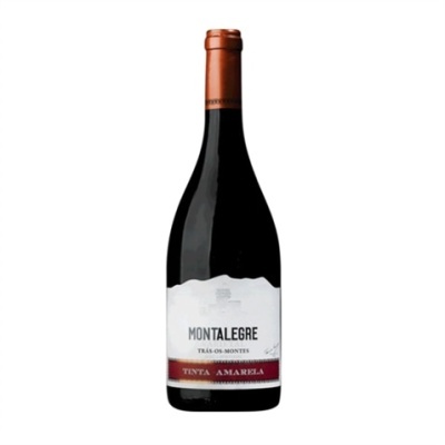 Garrafa de vinho Montalegre Tinta Amarela com rótulo branco e vermelho