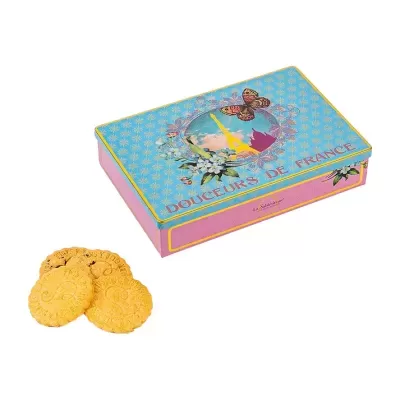 Caixa decorativa azul e rosa com bolachas amarelas