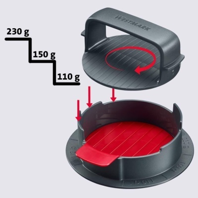 Prensa manual para hambúrguer cinza e vermelho com setas vermelhas e indicação de pesos.
