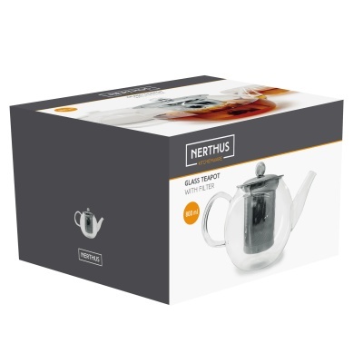 Caixa com bule de vidro transparente com filtro metálico NERTHUS 800 ml