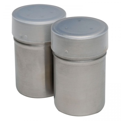 Dois frascos cilíndricos prateados com tampas cinza claro