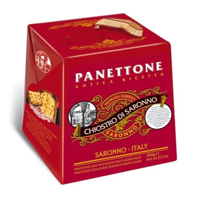 Embalagem vermelha de Panettone Chiostro di Saronno com texto e imagem decorativa.