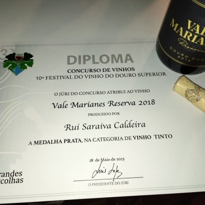 Diploma do concurso de vinhos ao lado de garrafa de vinho e rolha sobre mesa de madeira