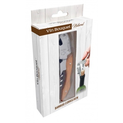 Abridor de garrafas de vinho em embalagem branca com pega em madeira