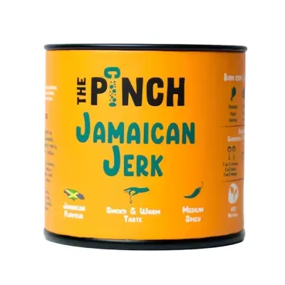 Lata amarela de tempero Jamaican Jerk da marca The Pinch