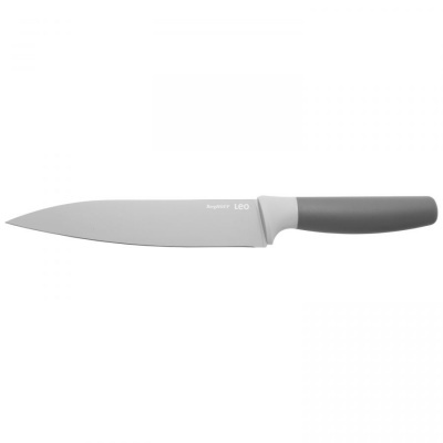 Faca de cozinha com lâmina e cabo cinzentos em fundo branco