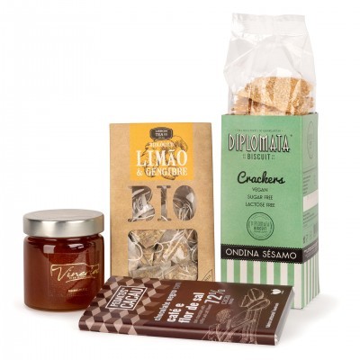 Conjunto de geleia, biscoitos bio Limão & Gengibre, chocolate 72% cacau e crackers veganos sésamo