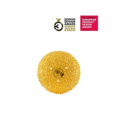 Disco amarelo texturizado com prémios de design acima