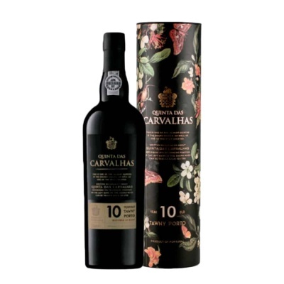 Garrafa e embalagem de vinho do Porto Quinta das Carvalhas 10 anos com padrão floral