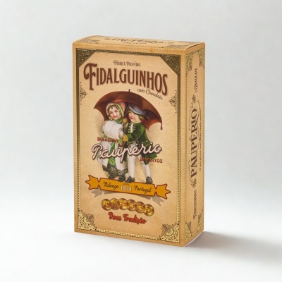 Caixa bege de bolachas Fidalguinhos com imagem vintage de crianças e texto em português.