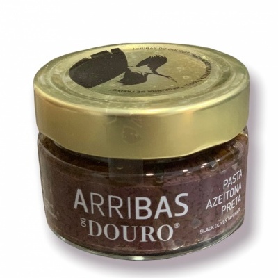 Frasco de pasta de azeitona preta com tampa dourada e rótulo branco