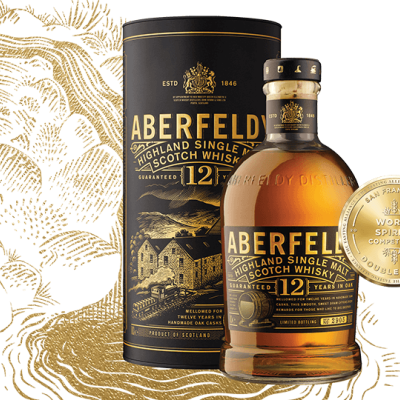 Garrafa de whisky Aberfeldy 12 anos com caixa preta e medalha de prémio