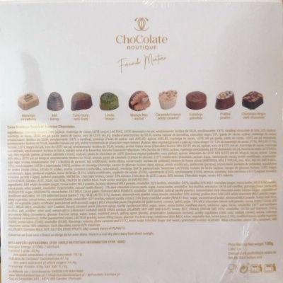 Caixa de bombons sortidos CHOCOLATE BOUTIQUE Fernando Monteiro com descrição e ingredientes