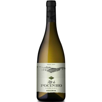 Garrafa de vinho branco Alto de Pocinho Reserva 2015 com rótulo branco e tampa preta