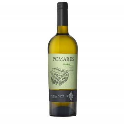 Garrafa de vinho branco POMARES DOURO com rótulo e tampa preta