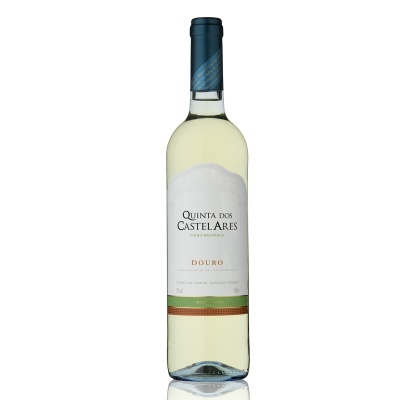 Garrafa de vinho branco Quinta dos Castelares, rótulo branco e cápsula azul