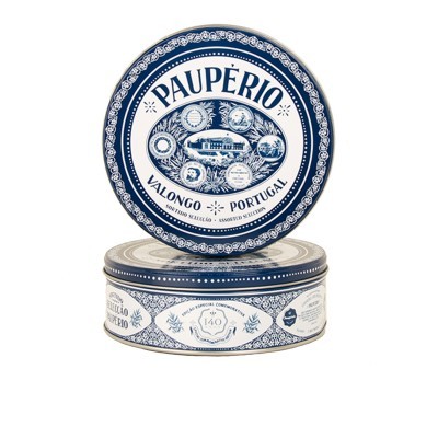Lata redonda metálica azul e branca com design tradicional e texto PAUPÉRIO Valongo Portugal