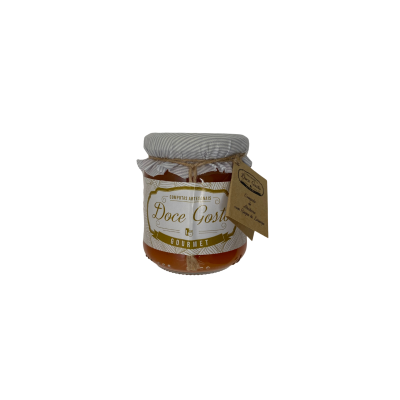 Frasco de compota Doce Gosto com tampa de tecido cinzento às riscas