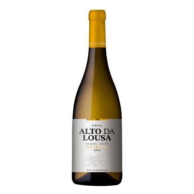 Garrafa de vinho branco Alto da Lousa 2019 com rótulo branco