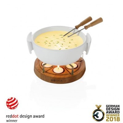 Conjunto fondue branco com base de madeira e garfos com cabos de madeira