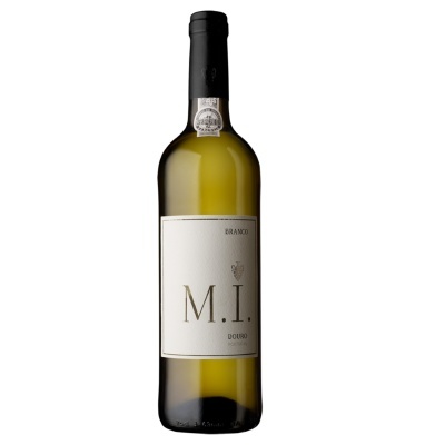 Garrafa de vinho branco M.I. Douro com rótulo branco e tampa preta