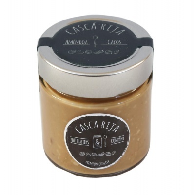 Frasco de creme de amêndoa e caco CASCA RIJA em vidro com tampa prateada