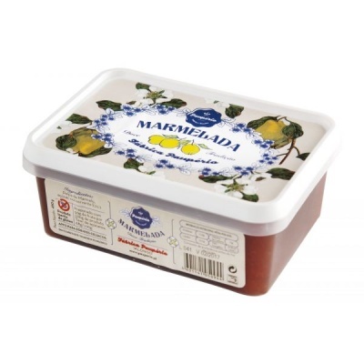 Embalagem de marmelada com tampa branca e ilustrações de marmelos