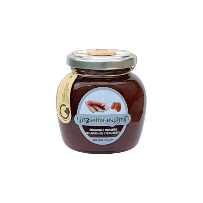 Frasco de doce extra de ruibarbo e morango com rótulo azul e tampa prateada