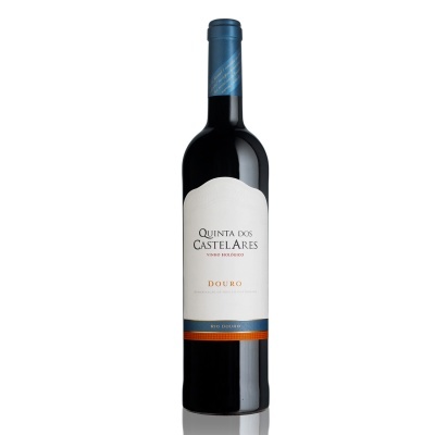 Garrafa de vinho tinto Quinta dos Castelares com rótulo branco e cápsula azul