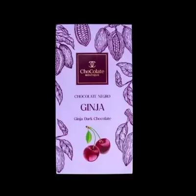 Embalagem de chocolate negro Ginja ChoColate Boutique com ilustrações de cacau e cerejas