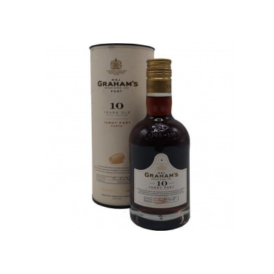 Garrafa de Porto Graham's 10 Years Old Tawny Port com embalagem cilíndrica creme