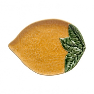 Prato amarelo em forma de limão com folhas verdes de cerâmica