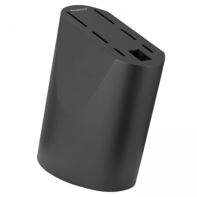 Suporte de faca preto em plástico com seis entradas verticais e uma maior, design inclinado