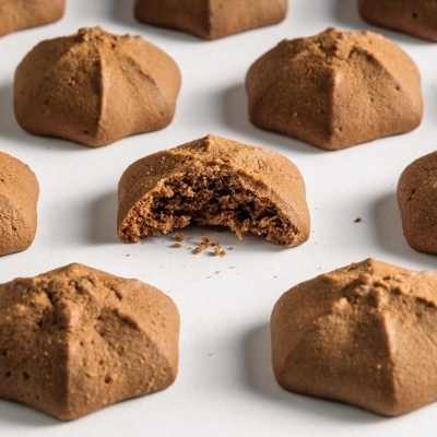 Biscoitos de chocolate castanha hexagonais sobre superfície branca, um parcialmente comido