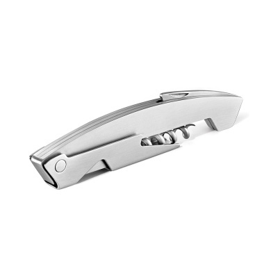 Saca-rolhas de metal prateado compacto com espiral visível