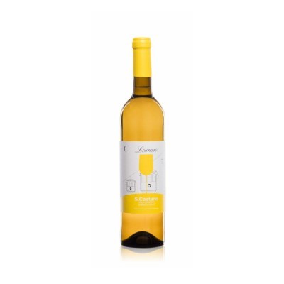 Garrafa de vinho branco com rótulo amarelo e branco
