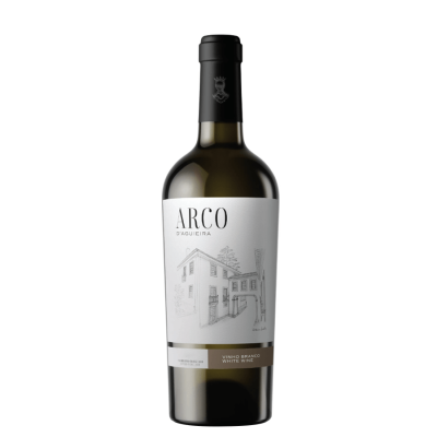 Garrafa de vinho branco ARCO D'AGUEIRA com rótulo branco e desenho de edifício