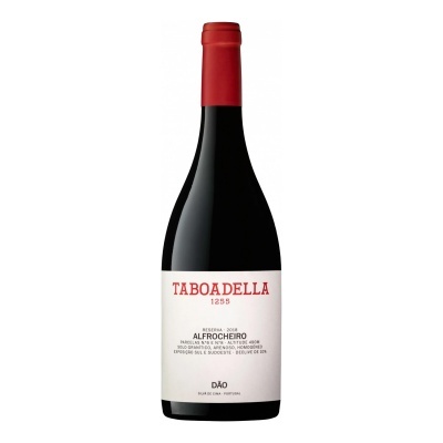 Garrafa de vinho tinto TaboaDella 1255 com rótulo branco e tampa vermelha