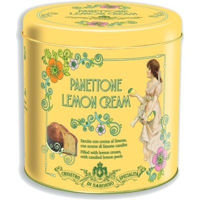 Lata decorativa amarela de Panettone Lemon Cream com flores e figura feminina vintage