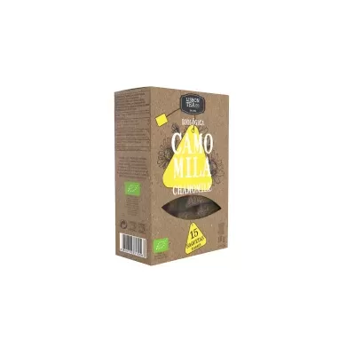 Caixa castanha de chá orgânico de camomila com texto branco e amarelo e janela transparente