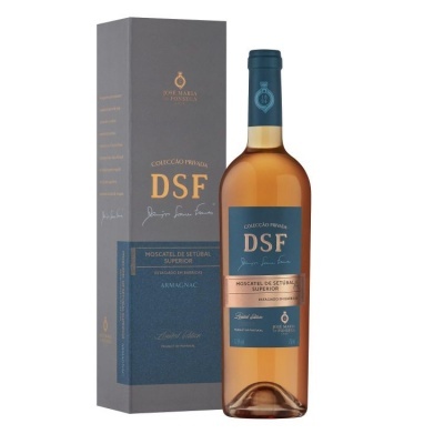 Garrafa de vinho rosé DSF com caixa de embalagem cinza e azul