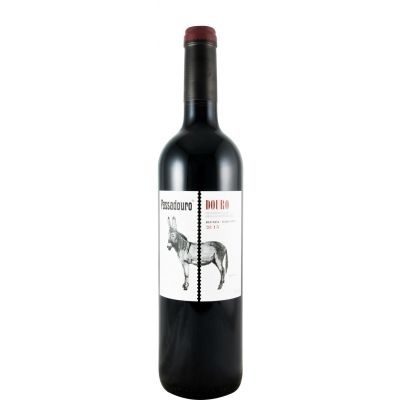 Garrafa de vinho tinto com rótulo branco e imagem de burro