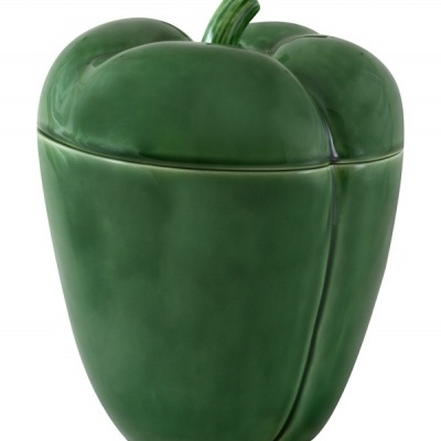 Recipiente cerâmico verde em forma de pimento com tampa destacável