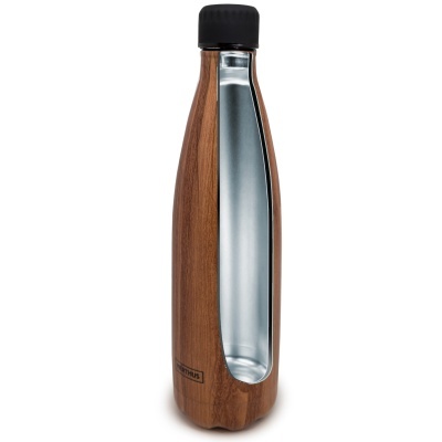 Garrafa de água em aço inox com acabamento em madeira castanha e tampa preta