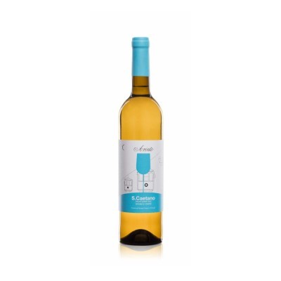 Garrafa de vinho branco com rótulo branco e azul